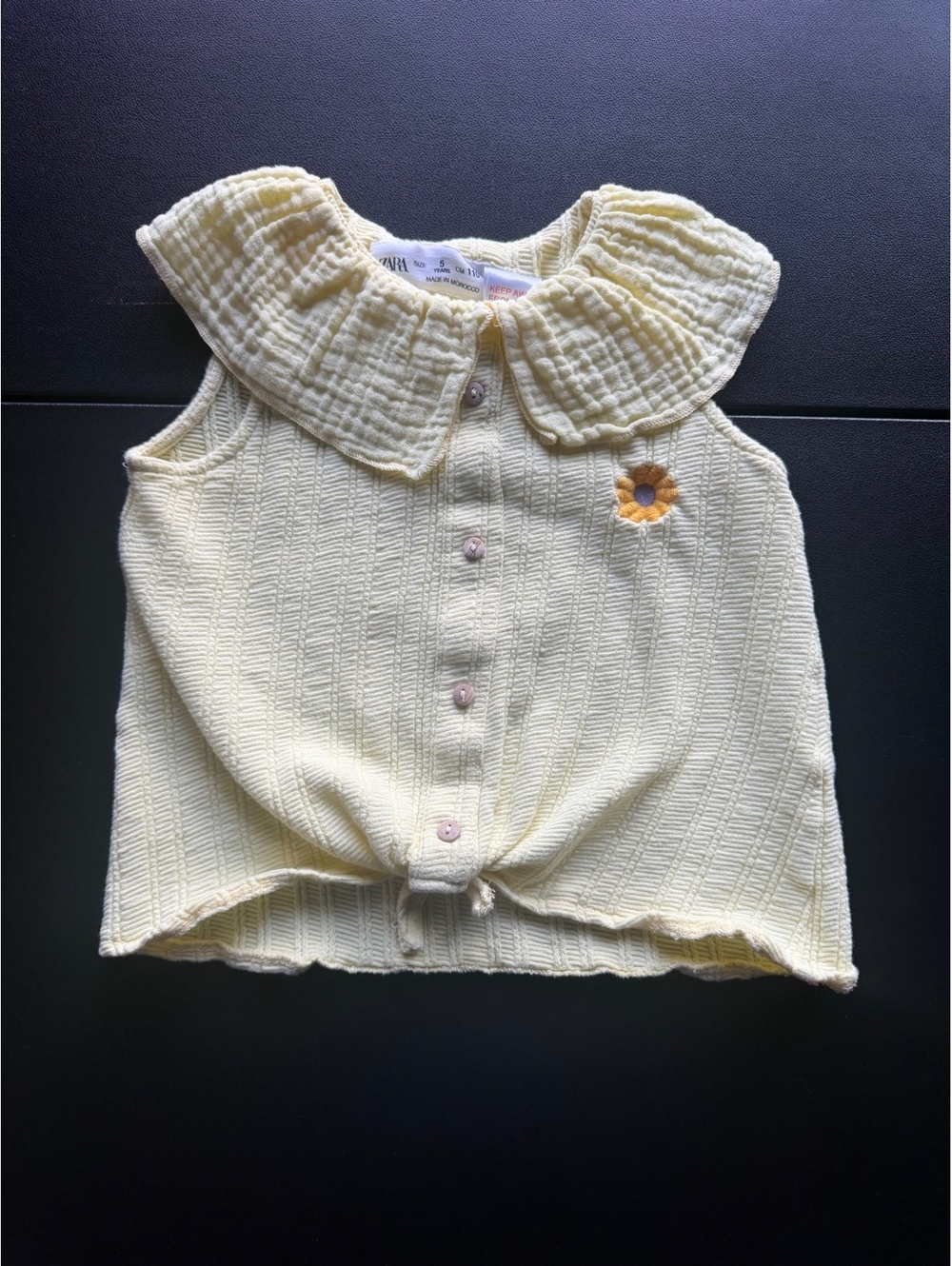 Zara Girls 5 Butter Yellow Ruffle Collar Daisy Tie Front Cotton Top
